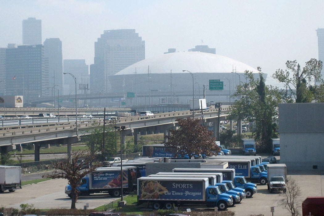 New Orleans after Hurricane Katrina: Louisiana Superdome, with recently refurbished roof. View from Jeff Davis Overpass near Times-Picayune building.