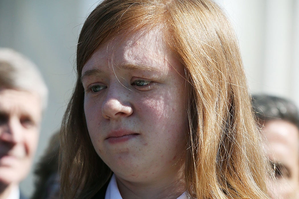 Abigail Noel Fisher speaks to the media after U.S. Supreme Court heard arguments in her case on October 10, 2012 in Washington, DC.