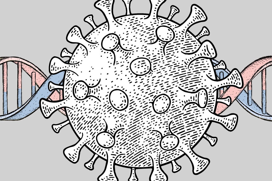 An illustration of the coronavirus in front of a strand of DNA