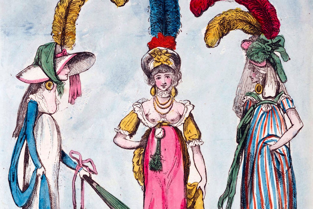 a caricature of three women whose depicted clothing satirizes the beginnings of neo-classical fashion influences in England.