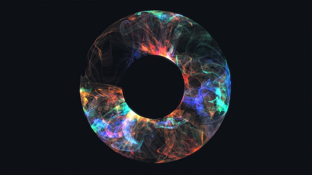 An abstract design that evokes the image of an eye's iris, full of waves of rainbow colors, on a black background.