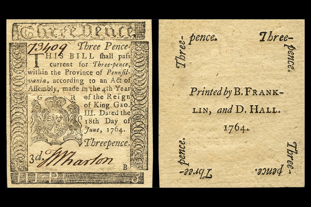 Three pence Colonial currency from the Province of Pennsylvania. Signed by Thomas Wharton. Printed by Benjamin Franklin and David Hall, 1764