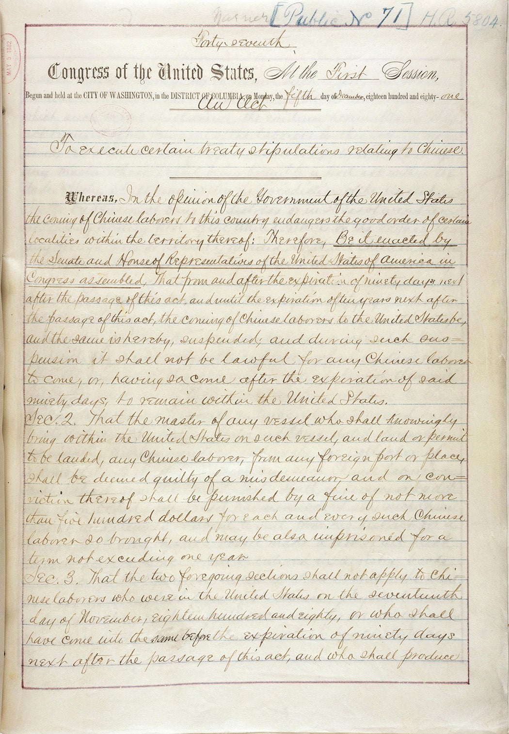 First page of the US Chinese Exclusion Act, 1882