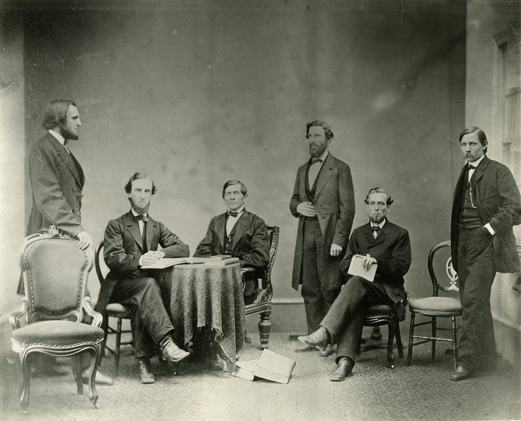 Group Portrait of West Virginia Statehood Leaders. Possible identifications includes, L to R: 1st-Arthur Boreman; 3rd-Andrew Wilson; 4th D.D.T. Farnsworth; 5th- Henry Dering; 6th- Gibson Cranmer.