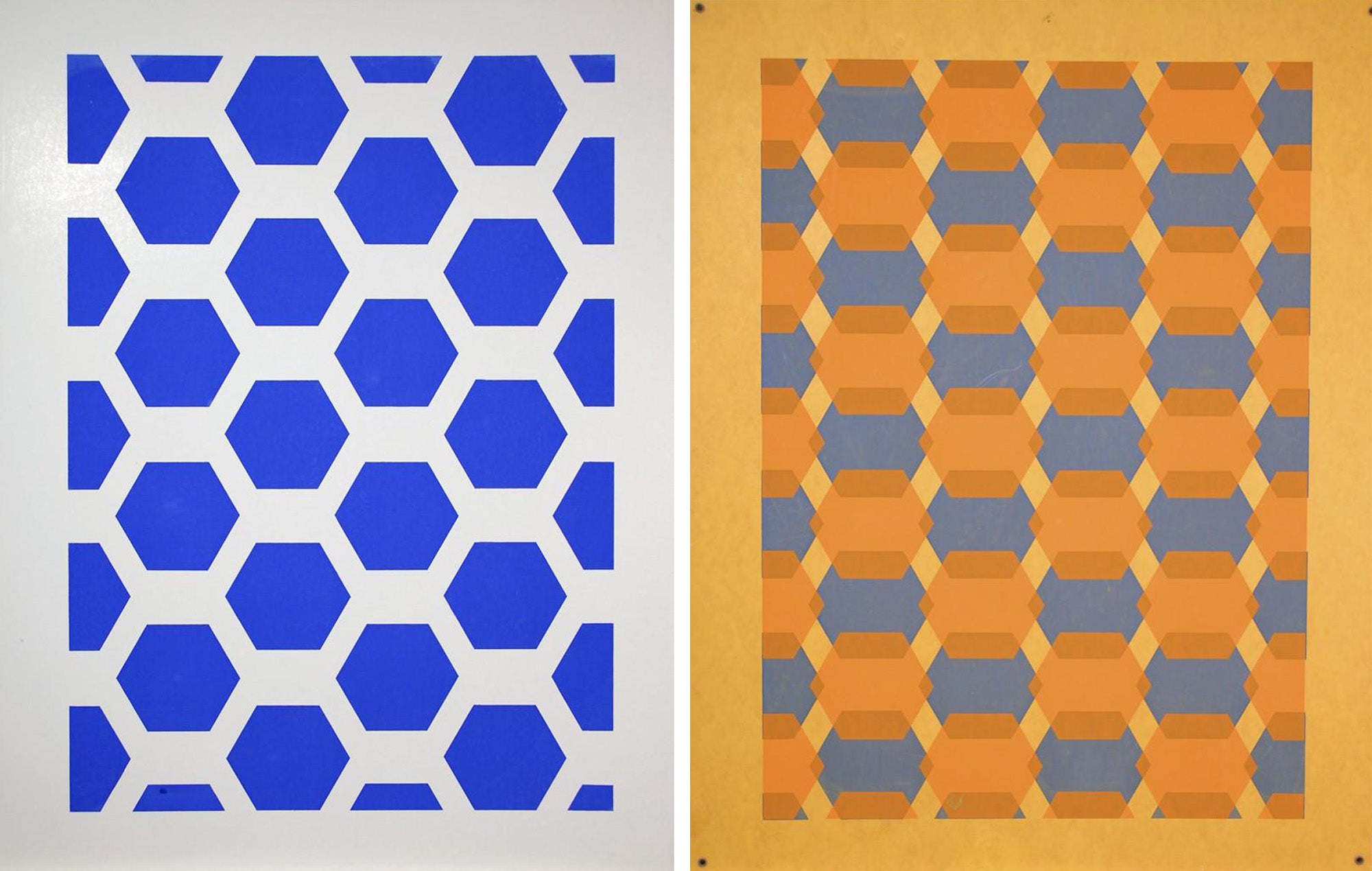 Two silkscreen prints by Arthur Loeb. The one on the left is a repeating pattern of royal blue hexagons, and the one on the right is a repeating pattern of softer blue hexagons with orange hexagons printed over them so that they partially overlap.