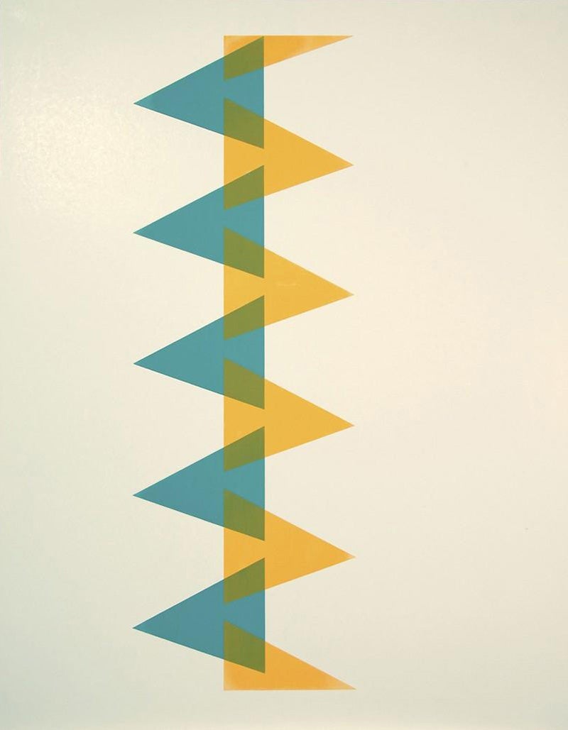 A silk screen print by Arthur Loeb featuring five blue triangles overlapping with several yellow triangles.