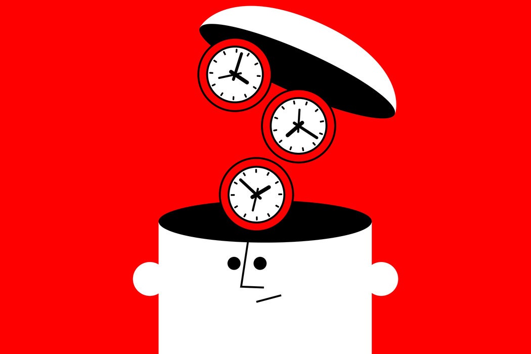 Illustration: Time clocks pop out of a person’s open head.