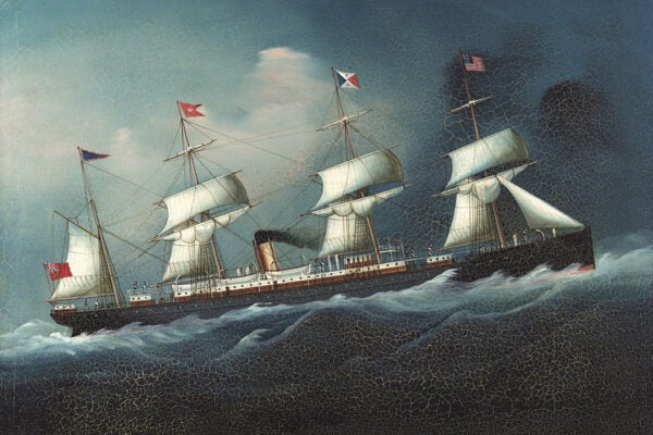 A painting of The Belgic, the ship on which Ella Sheldon wrote many of her diaries.