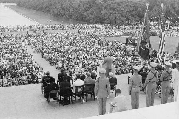 President Truman addresses the closing session of the 38th annual conference of the NAACP at Lincoln Memorial in Washington, D. C., 1947