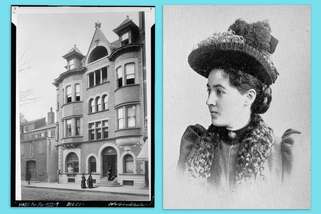Minerva Parker Nichols beside the New Century Club building she designed in Philadelphia