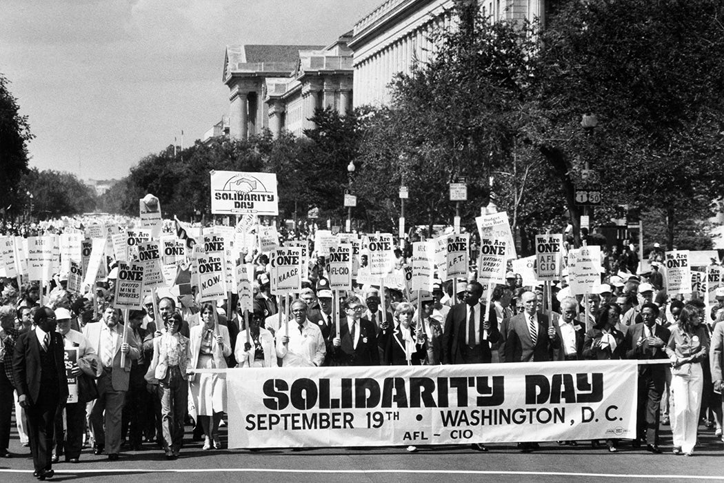 Activists during the Solidarity Day march in protest at President Reagan's economic and social policies in Washington DC, 1981.