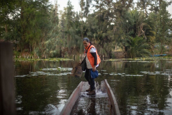 Claudia Zenteno, activist and environmental defender of the Xochimilco wetlands, sails a raft to a chinampa on April 17, 2021 in Xochimilco, Mexico.