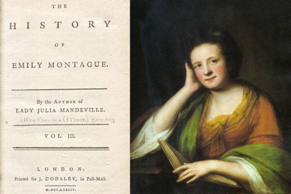 A portrait of Frances Brooke beside the cover page for the book The History of Emily Montague