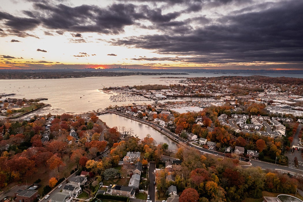 Aerial shot of an autumn sunset over the Long Island Sound taken from Port Washington, NY