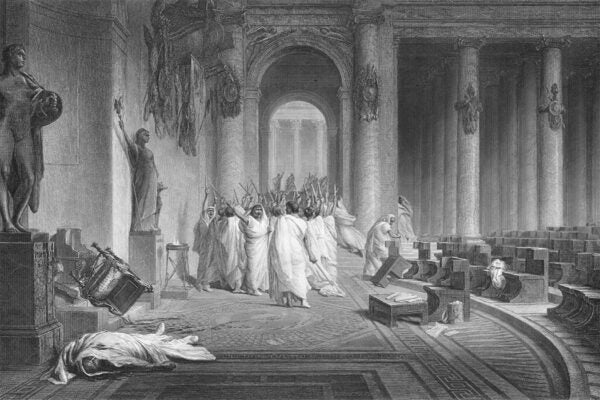 Engraved scene from the works of William Shakespeare; the death of Caesar in 'The Tragedy of Julius Caesar', 1599.