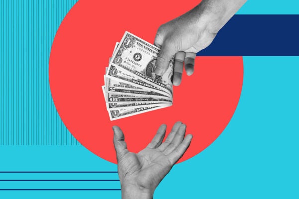 Collage of Man hand giving money to a other man hand in asking gesture