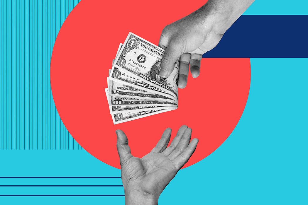 Collage of Man hand giving money to a other man hand in asking gesture