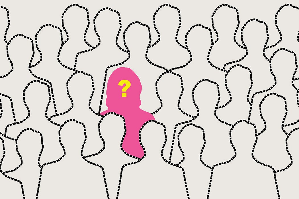 People silhouettes outlined with a dotted line and amongst them a woman with a question mark on her face