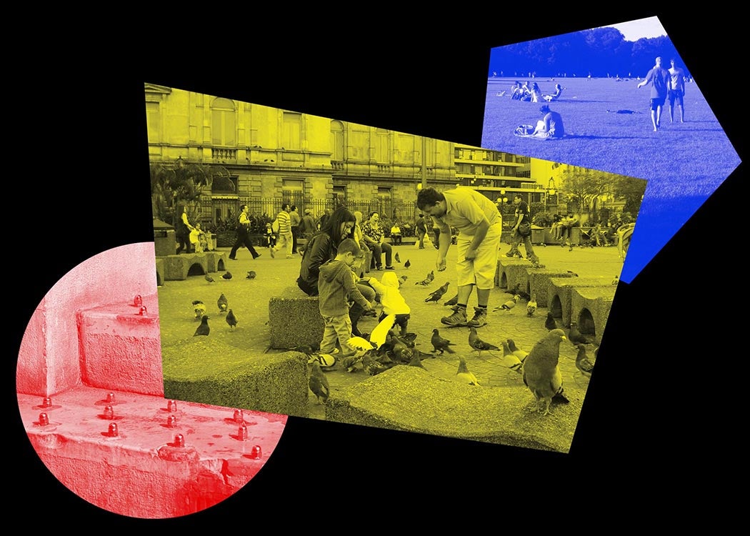A colorful collage that includes a family feeding pigeons in a city square, friends relaxing in a park, and an example of hostile architecture