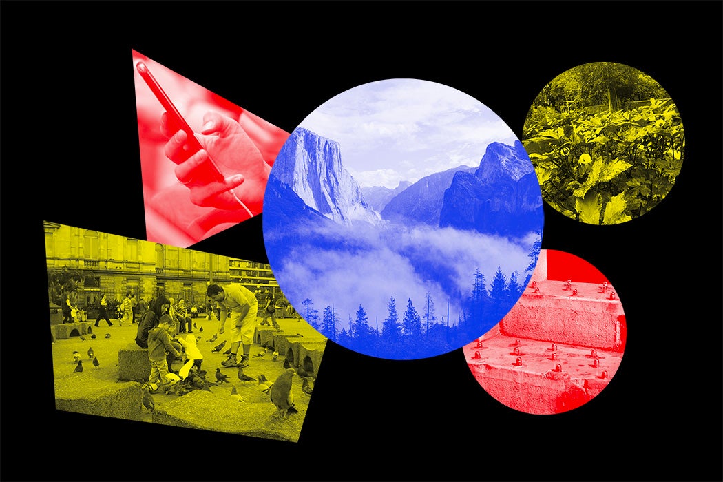 A collage of colorful shapes that include images of different public spaces.