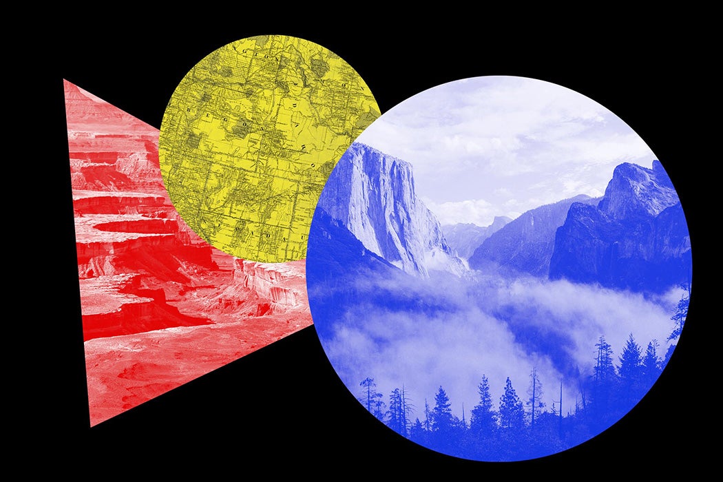 Three colorful shapes against a black background demonstrating the idea of national parks and public lands
