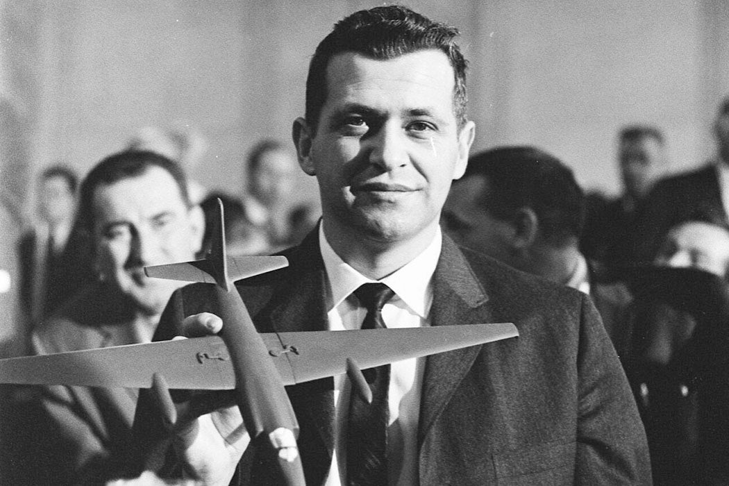 Francis Gary Powers holding a model of a U-2 during the Senate Armed Services Select Committee hearing on the 1960 U-2 incident.