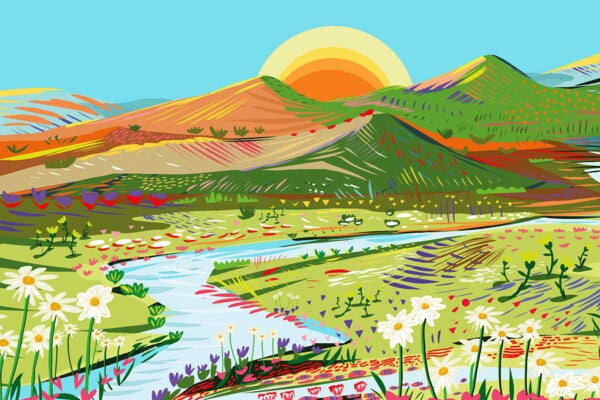 Colorful landscape with colorful mountains and sun