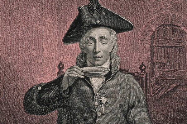 A Chelsea Pensioner, wearing a sprig of orange blossom [?] in his buttonhole, sipping a dish of tea. Engraving by J. Jenkins after M. W. Sharp, 1840