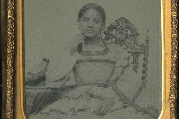 A portrait of Cordelia Sanders, a mixed-race woman, daughter to Richard Walpole Cogdell and Sarah Martha Sanders, ca. 1860.