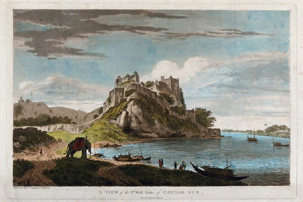 Chunar seen from the Ganges, Uttar Pradesh. Coloured etching by William Hodges, 1785.