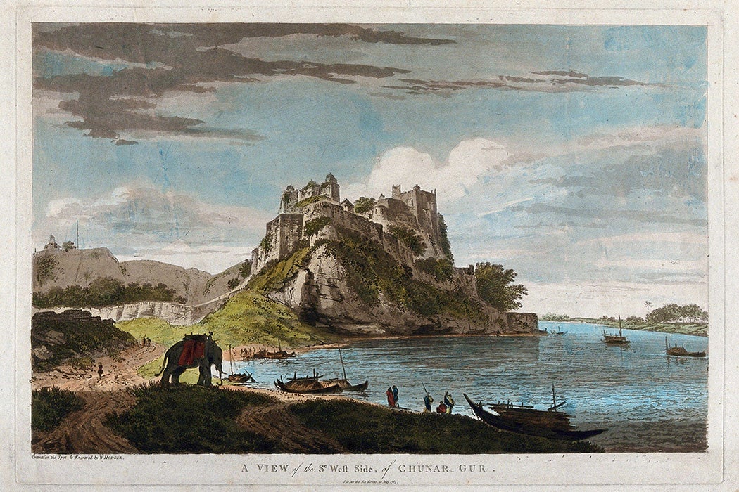 Chunar seen from the Ganges, Uttar Pradesh. Coloured etching by William Hodges, 1785.