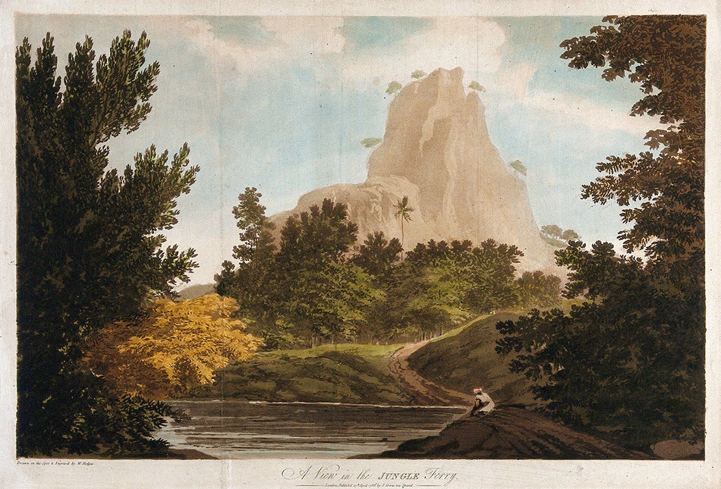 Mountain seen from the jungle, India. Coloured etching by William Hodges, 1788.