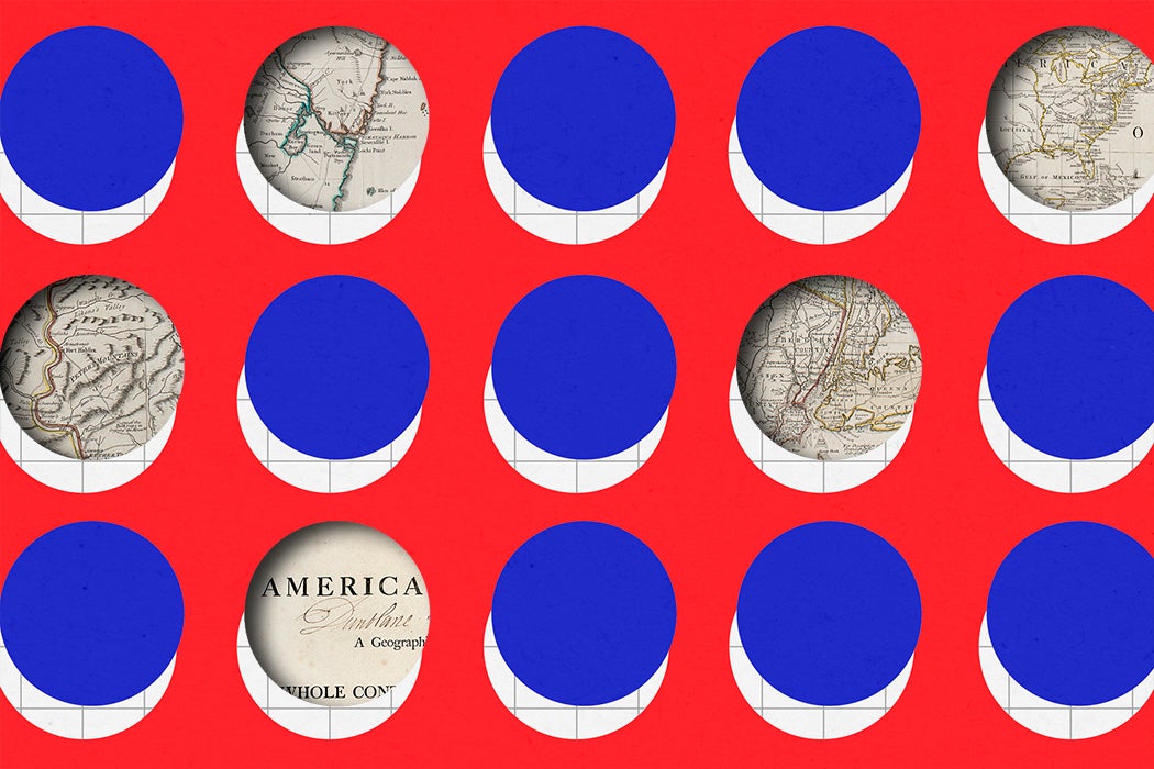 Abstract geometric blue and red polka dot background covering a series of Atlas images from a 1776 atlas
